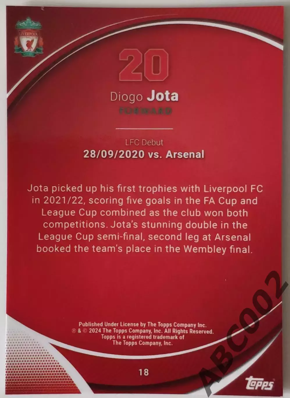 Карточка АПЛ / Diogo Jota / Liverpool / Topps Chrome 1