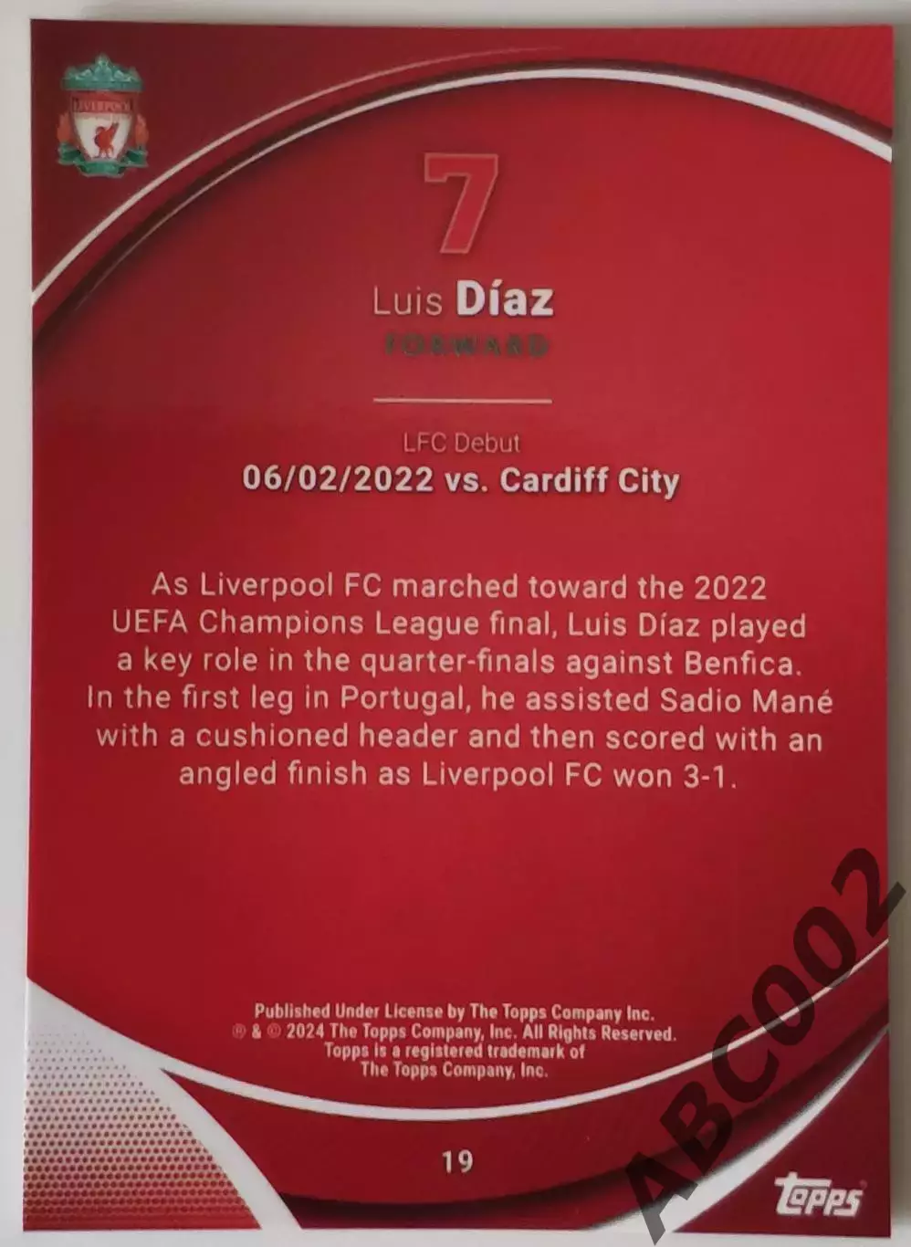 Карточка АПЛ / Luis Diaz / Liverpool / Topps Chrome 1