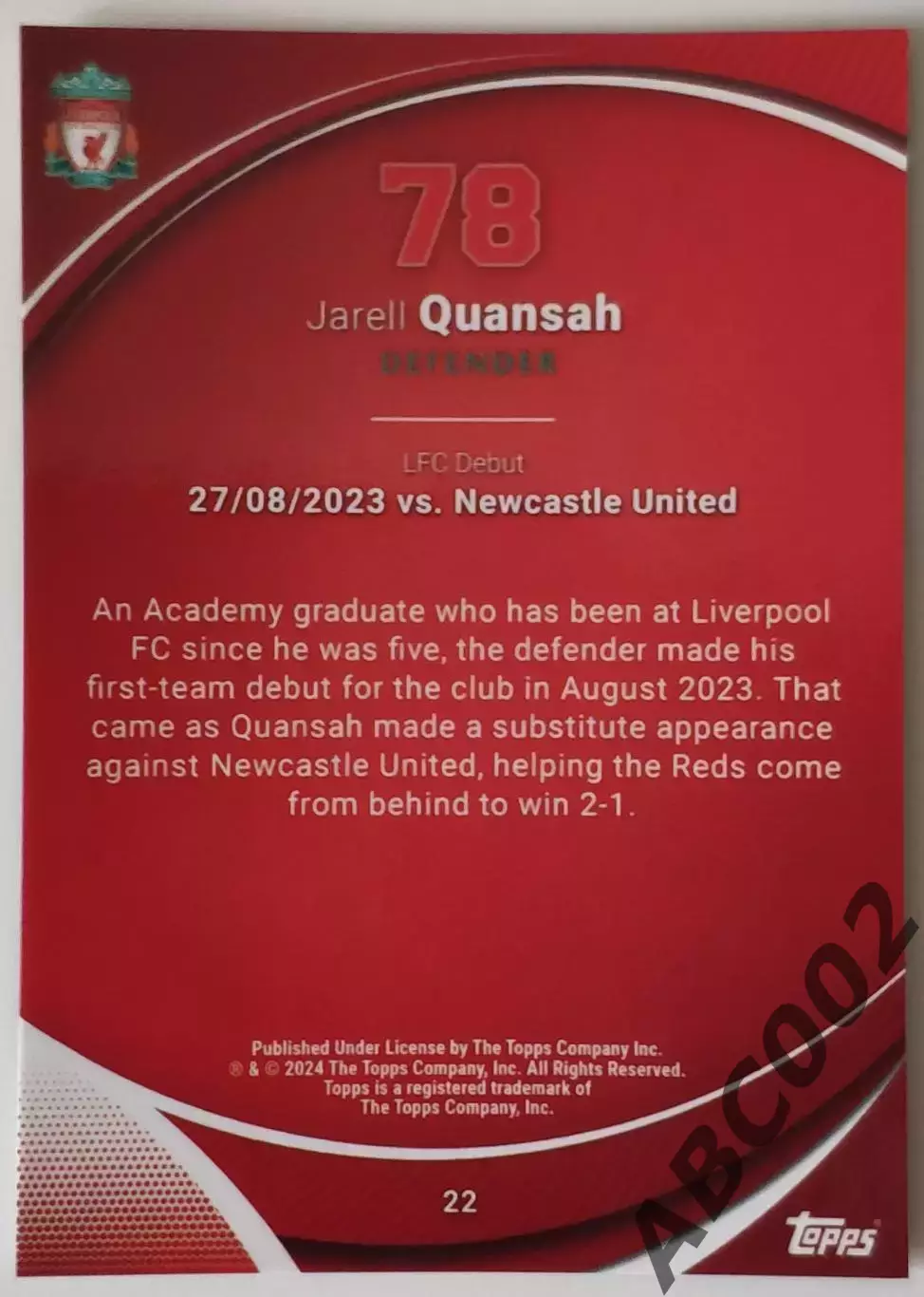 Карточка АПЛ / Jarell Quansah / Liverpool / Topps Chrome 1