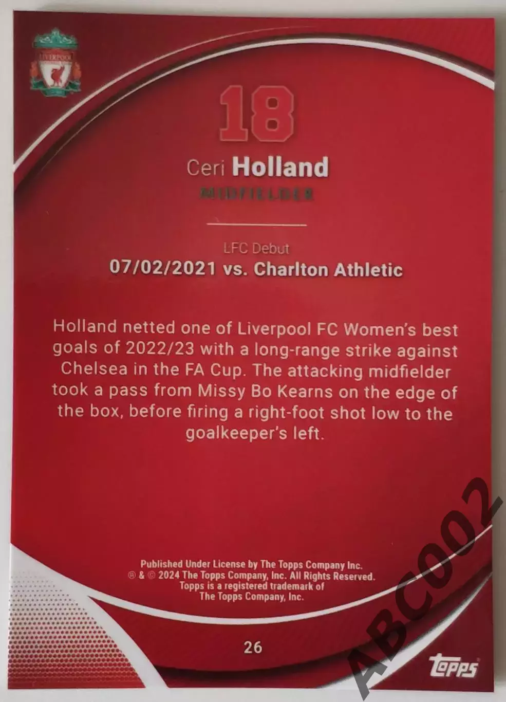 Карточка АПЛ / Ceri Holland / Liverpool / Topps Chrome 1