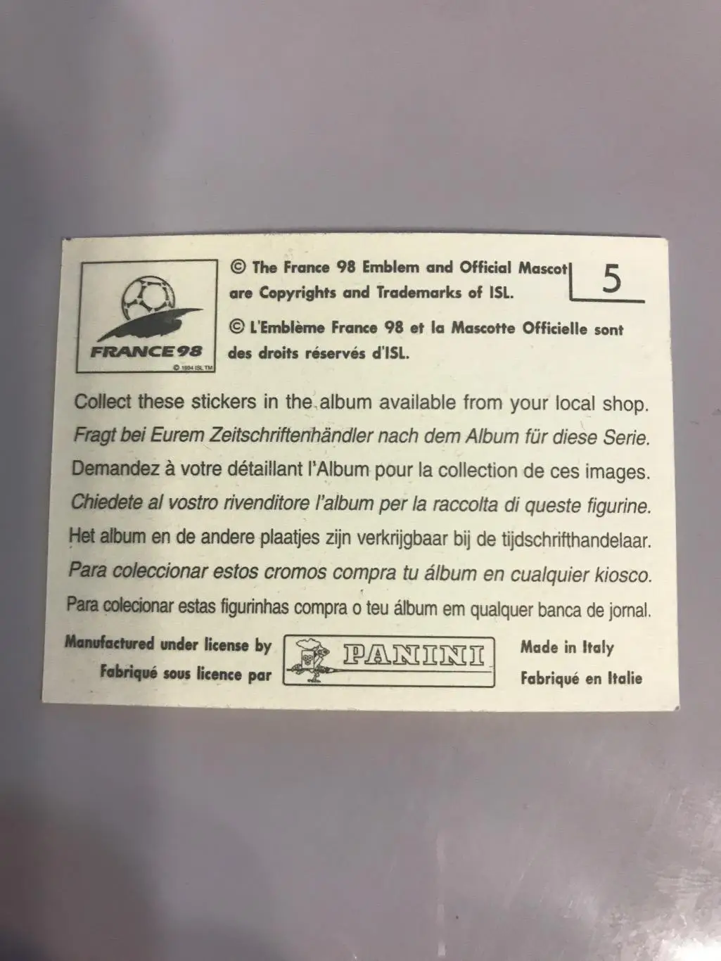 Карточка ЧМ 1998 1