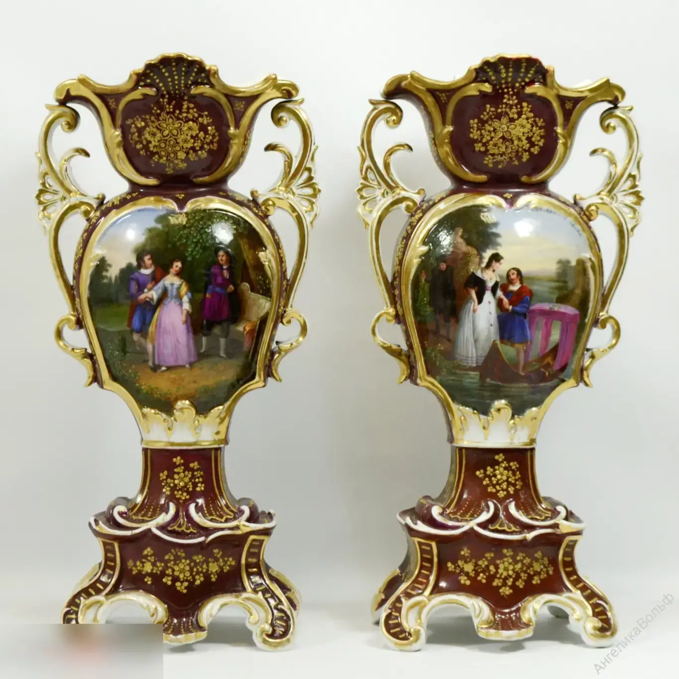 Антик парные Вазы живопись дама букет