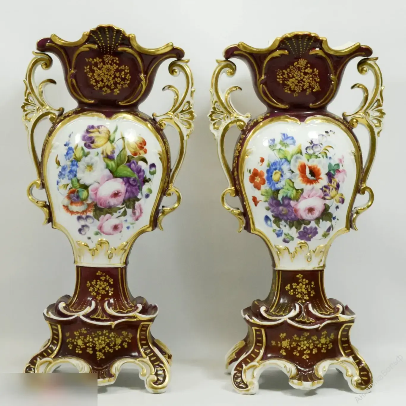 Антик парные Вазы живопись дама букет 1