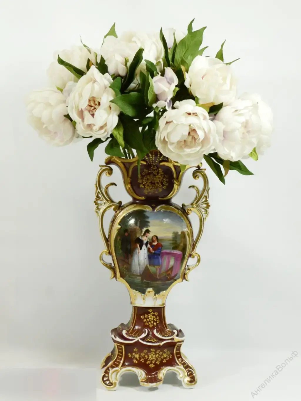 Антик парные Вазы живопись дама букет 4