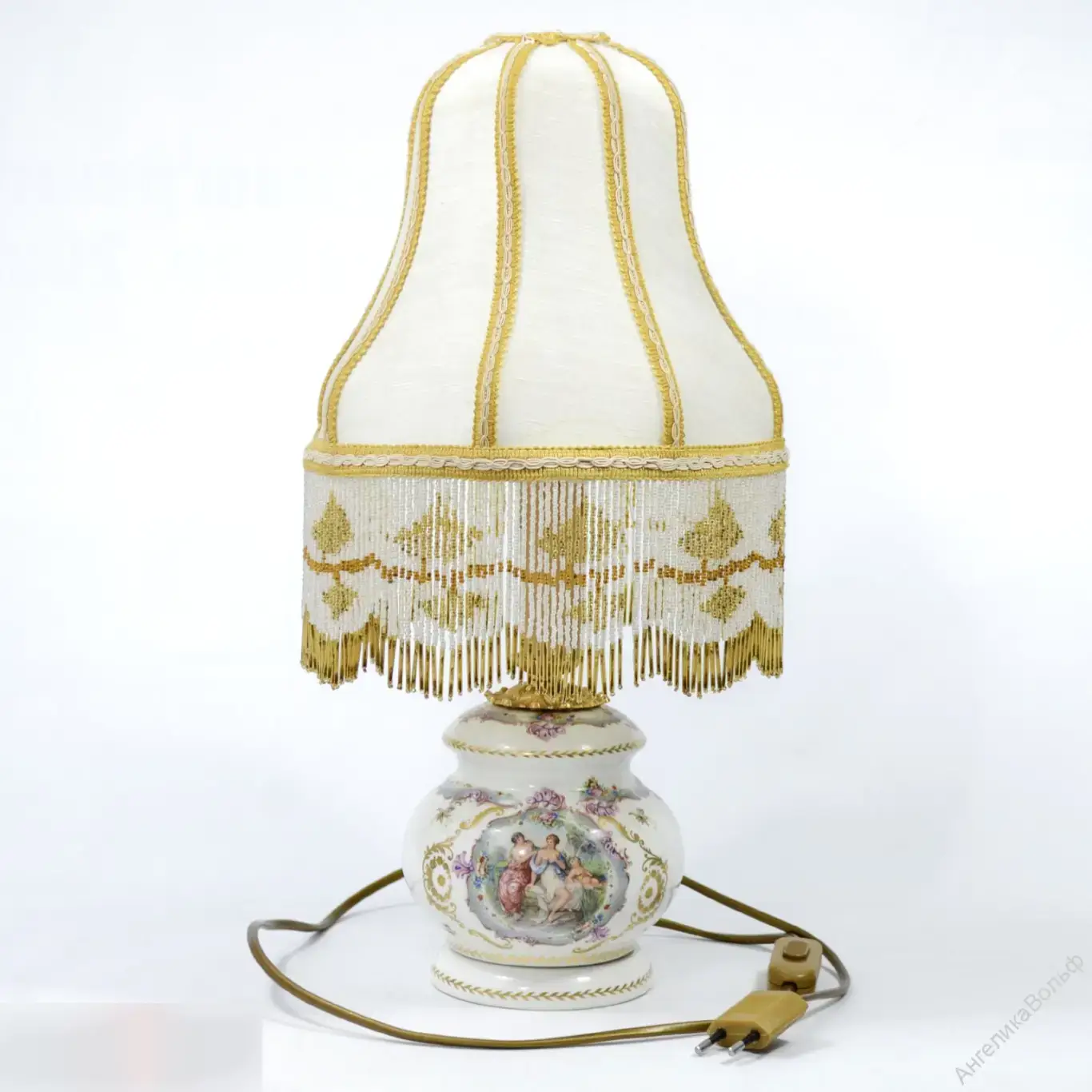 Антик Лампа фарфор картина абажур бахрома бисер