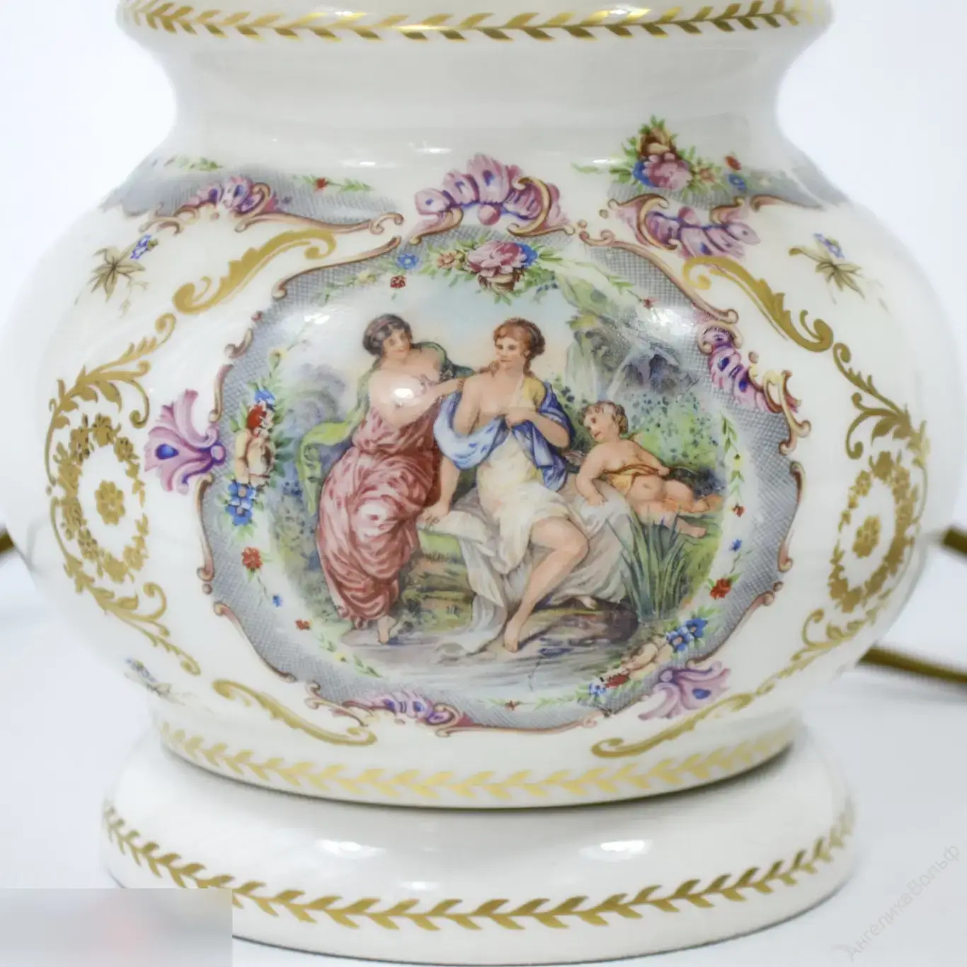 Антик Лампа фарфор картина абажур бахрома бисер 1