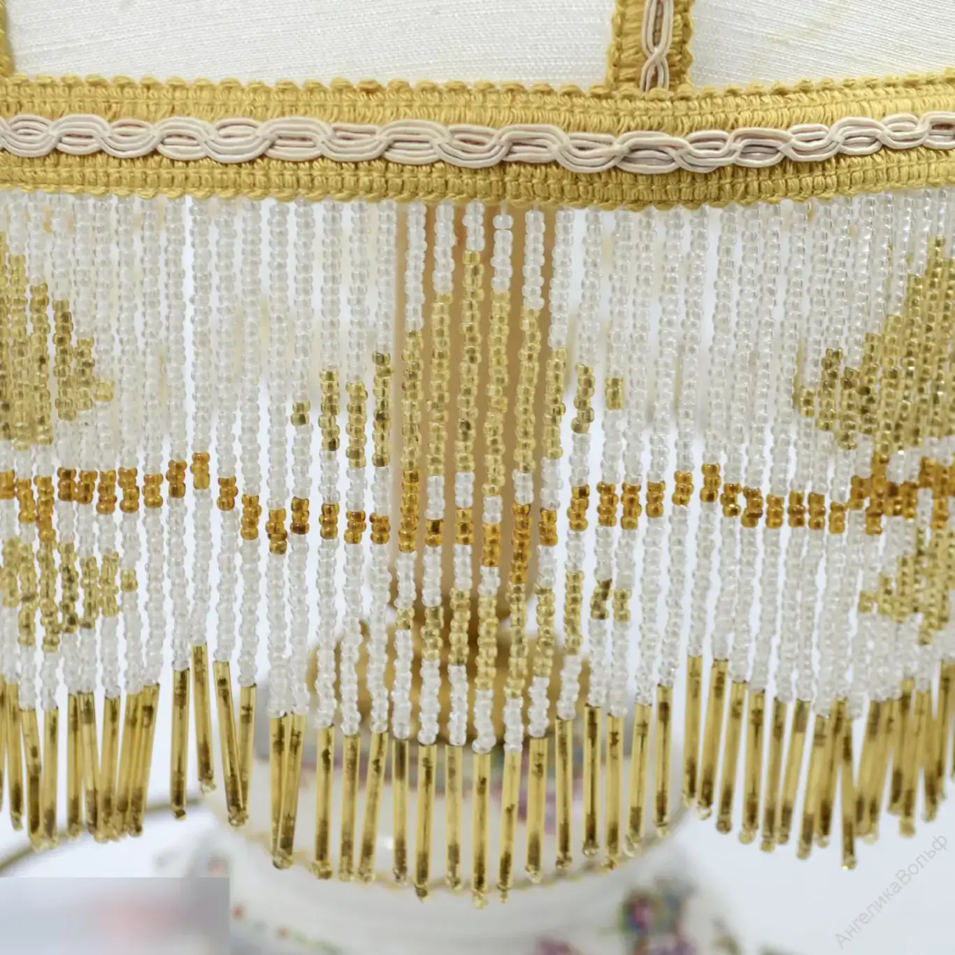 Антик Лампа фарфор картина абажур бахрома бисер 2