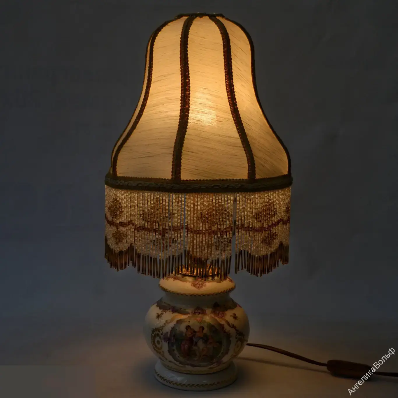 Антик Лампа фарфор картина абажур бахрома бисер 3