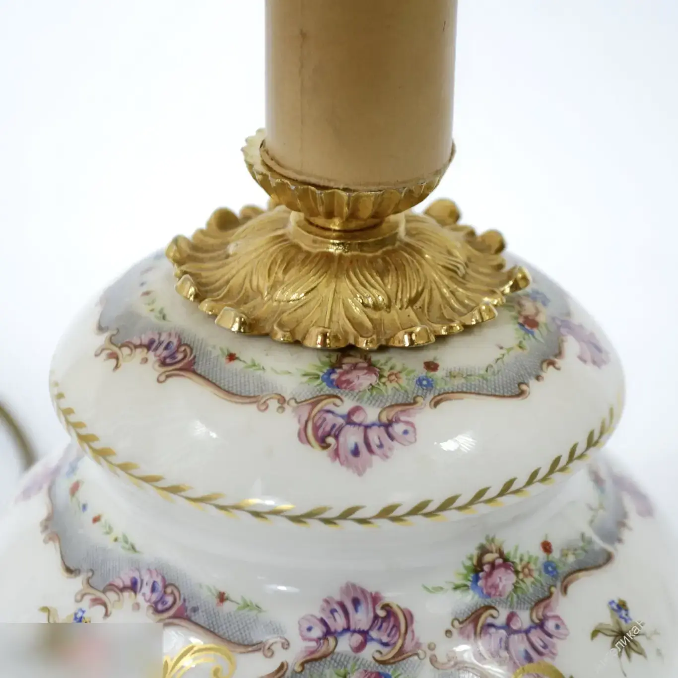 Антик Лампа фарфор картина абажур бахрома бисер 4