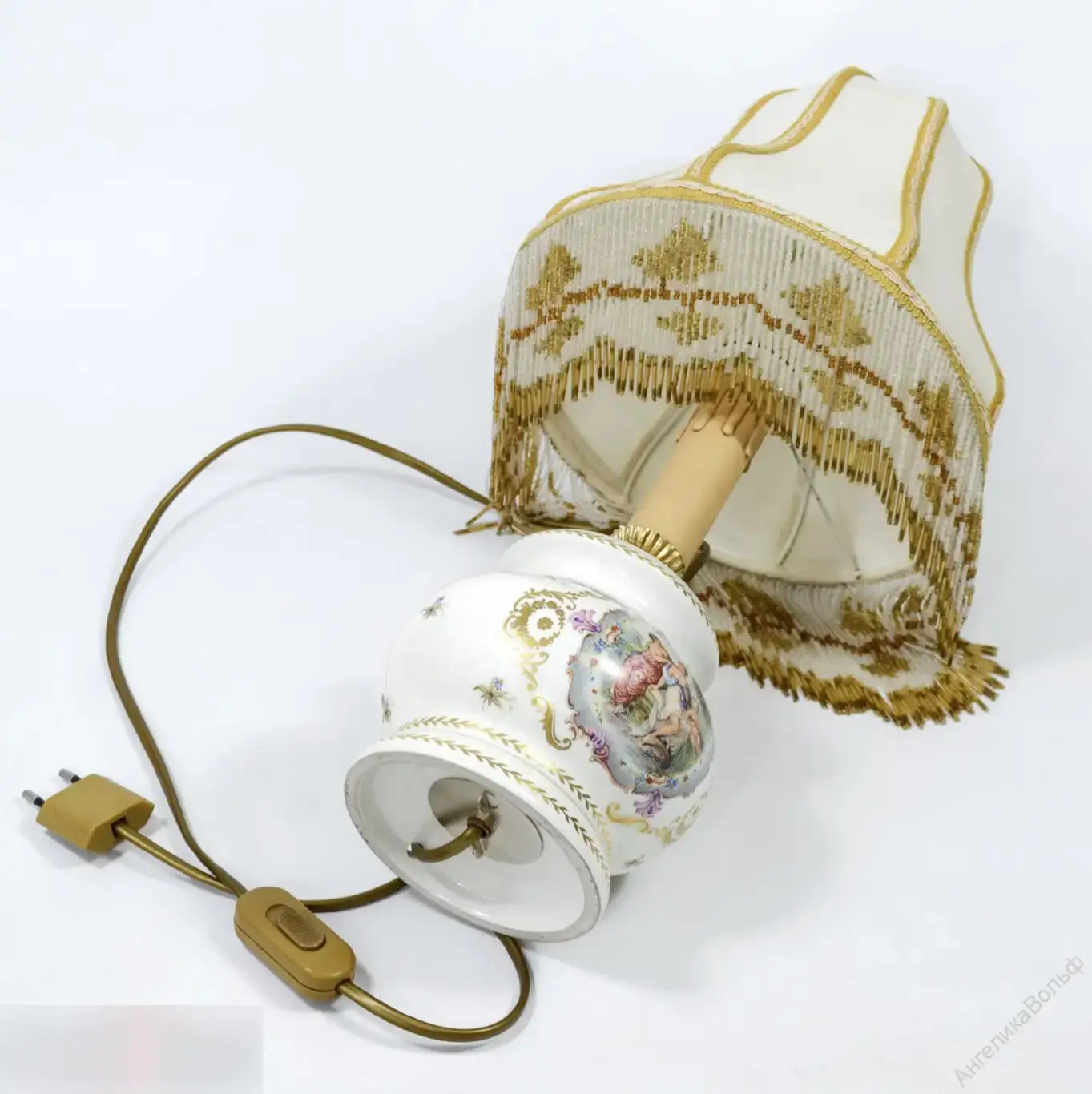 Антик Лампа фарфор картина абажур бахрома бисер 5