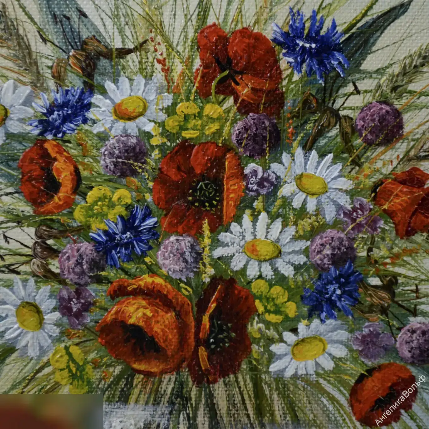 Винтаж Картина натюрморт масло ваза маки ромашки 1