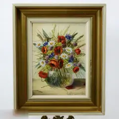 Винтаж Картина натюрморт масло ваза маки ромашки