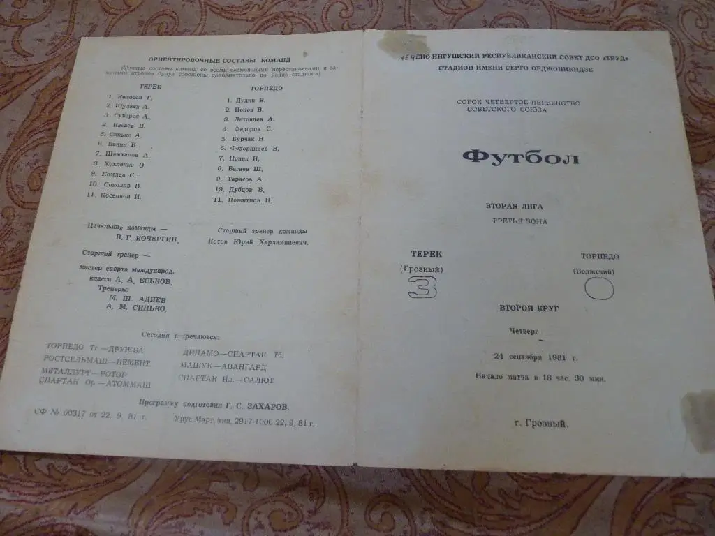 Терек Грозный - Торпедо Волжский 1981