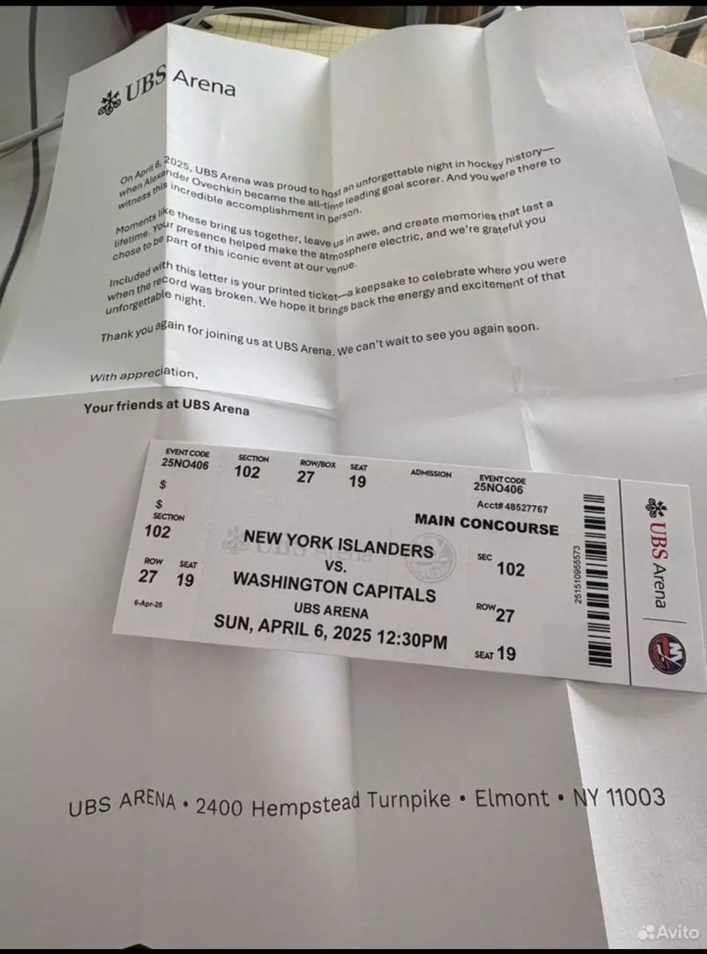 Билет бумажный оригинальный с матча Овечкин забил рекордный 895 гол НХЛ Вашингто