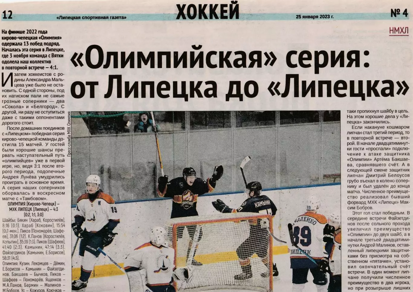 Отчет Олимпия (Кир-Чепецк) -МХК Липецк 17-18.01.2023
