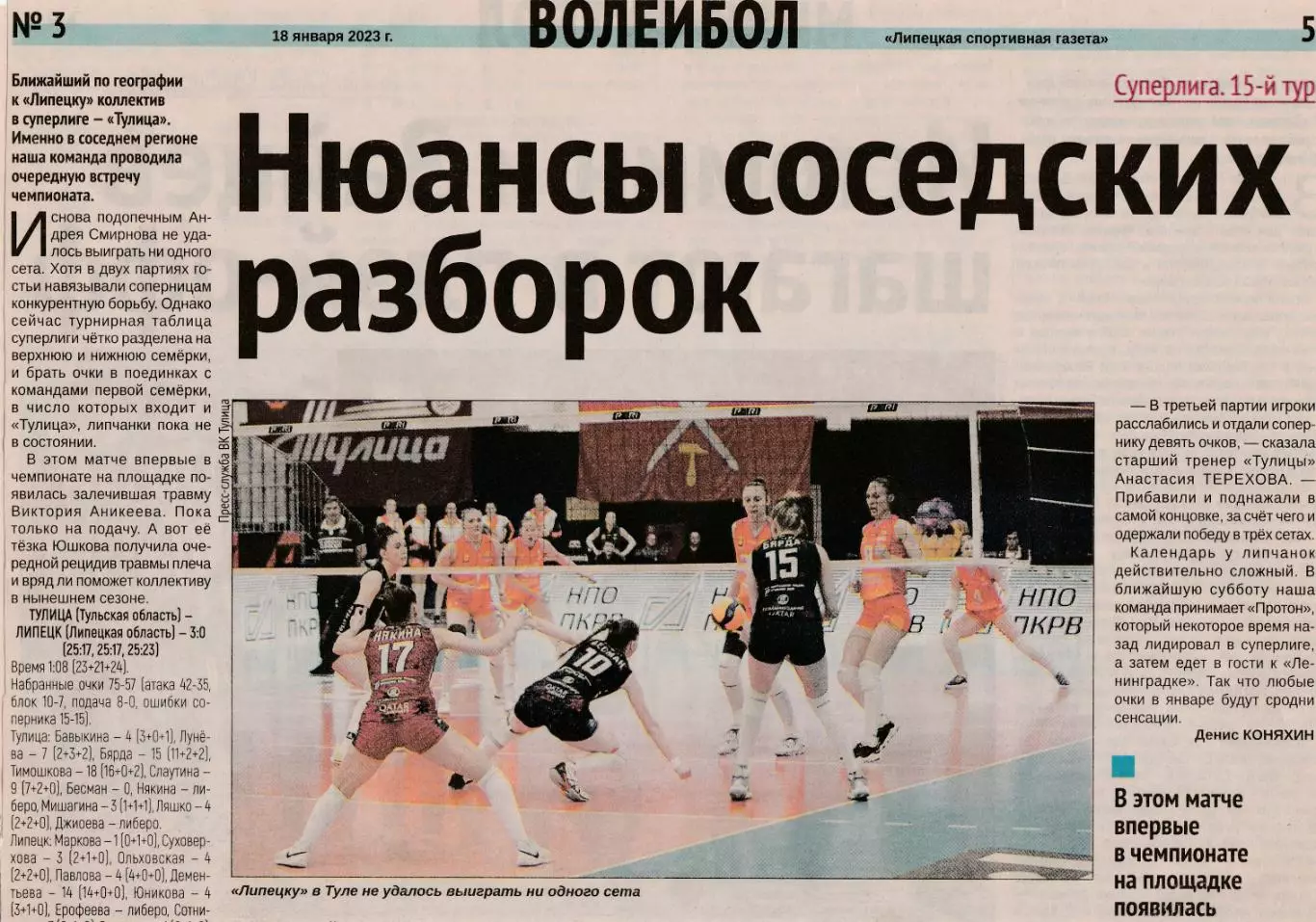 Отчет ВК Тулица (Тула) - ВК Липецк 15.01.2023