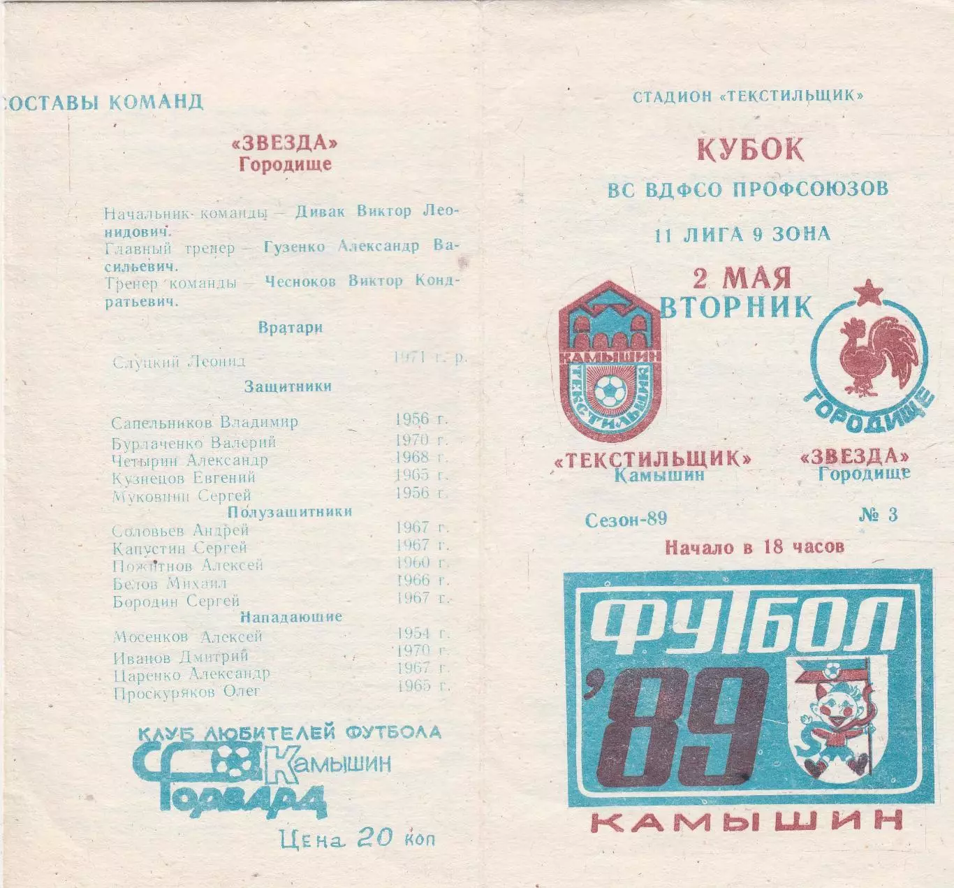 Текстильщик (Камышин) - Звезда (Городище) 02.05.1989 Куб.ВДФСО Профсоюзов