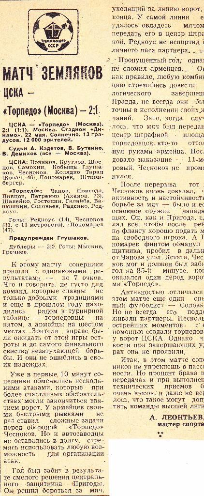 Отчет ЦСКА - Торпедо (Москва) 22.05.1982