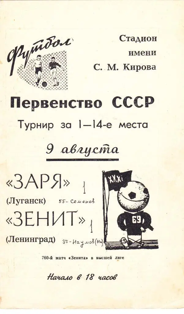 Зенит (Ленинград) - Заря (Луганск) 09.08.1969 (За 1-14 места)