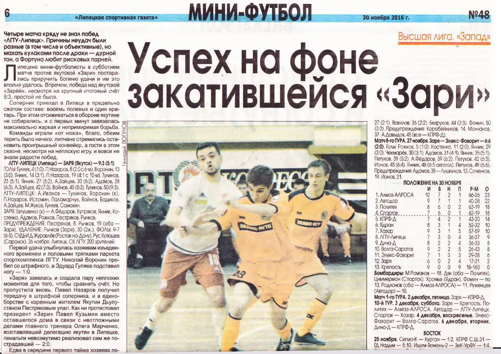 Отчет ЛГТУ (Липецк) - Заря (Якутск) 26.11.2016