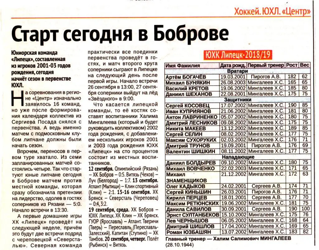 ЮХК Липецк 2018/19