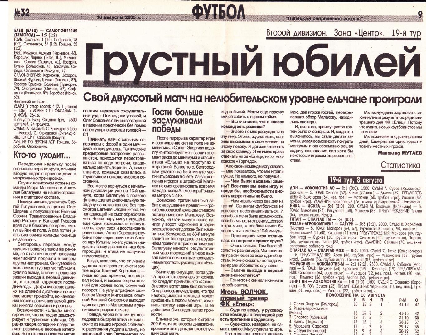 Отчет ФК Елец - Салют-Энергия (Белгород) 08.08.2005