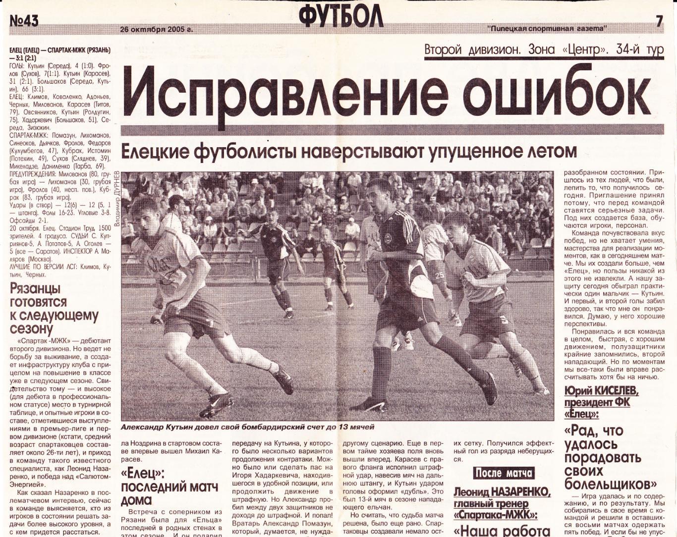 Отчет ФК Елец - Спартак-МХК (Рязань) 20.10.2005