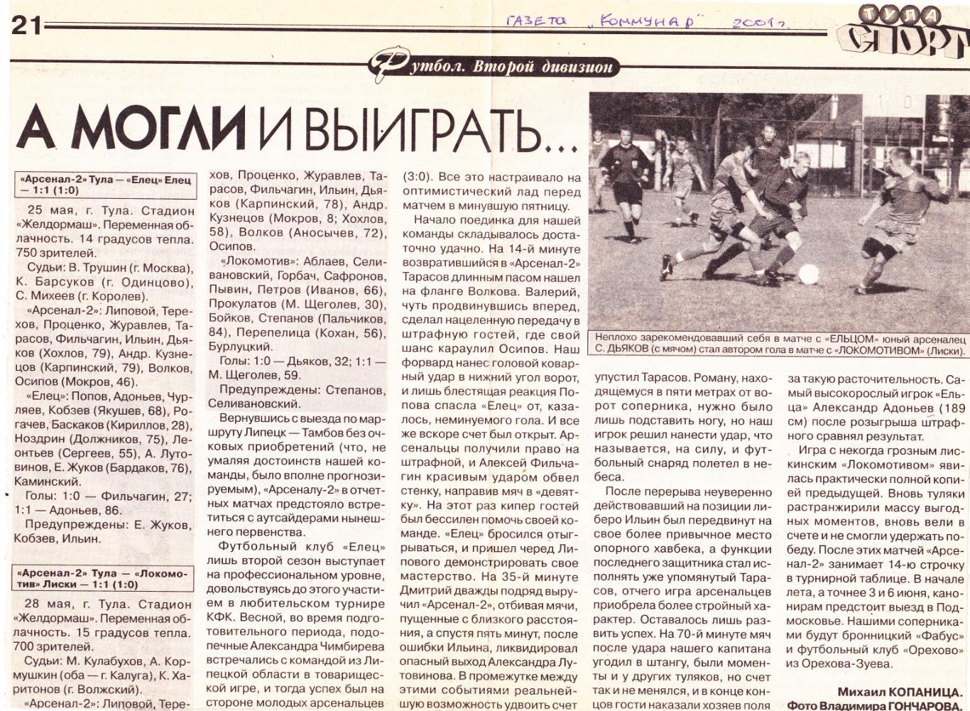 Отчет Арсенал-2 (Тула) - ФК Елец/Локомотив (Лиски) 25,28.05.2001