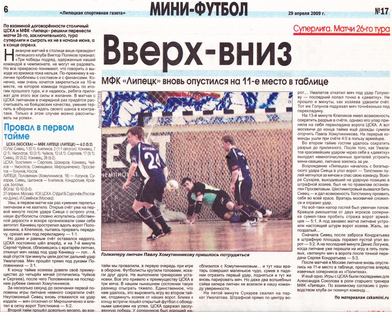 Отчет МФК ЦСКА (Москва) - МФК Липецк 27-28.04.2009