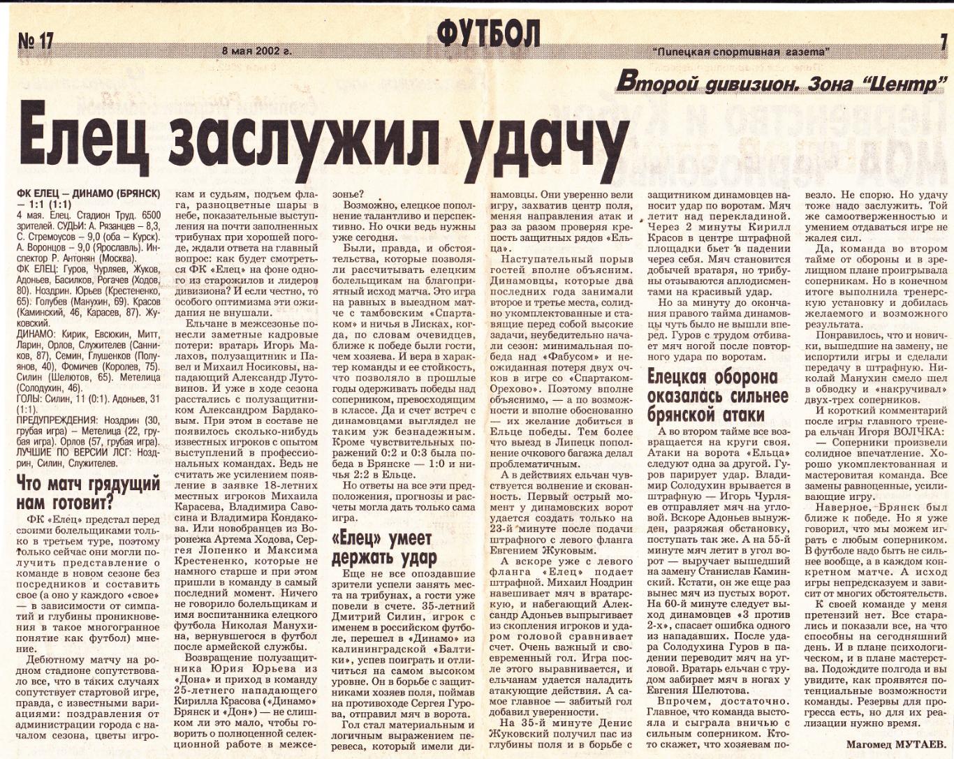 Отчет ФК Елец - Динамо (Брянск) 04.05.2002