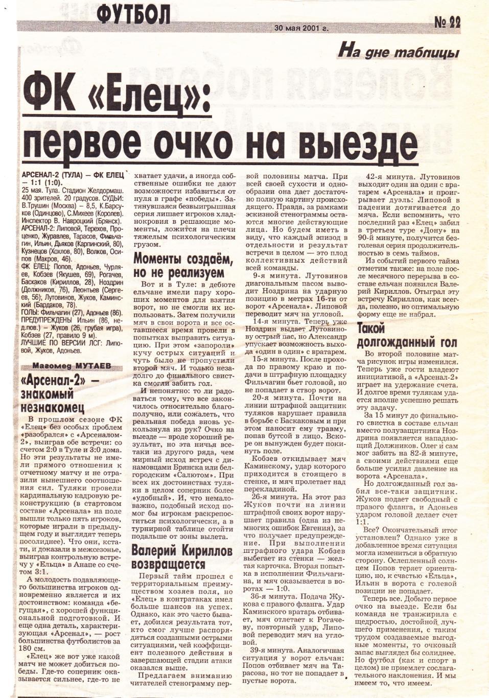 Отчет Арсенал-2 (Тула) - ФК Елец 25.05.2001