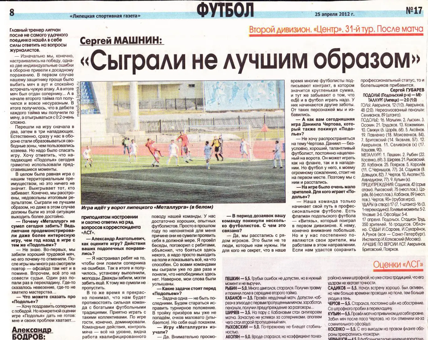 Отчет Подолье (Подольский р-н) - Металлург (Липецк) 17.04.2012