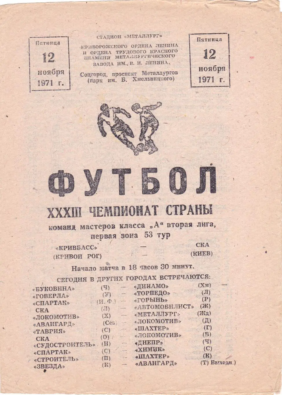 Кривбасс (Кривой Рог) - СКА (Киев) 12.11.1971