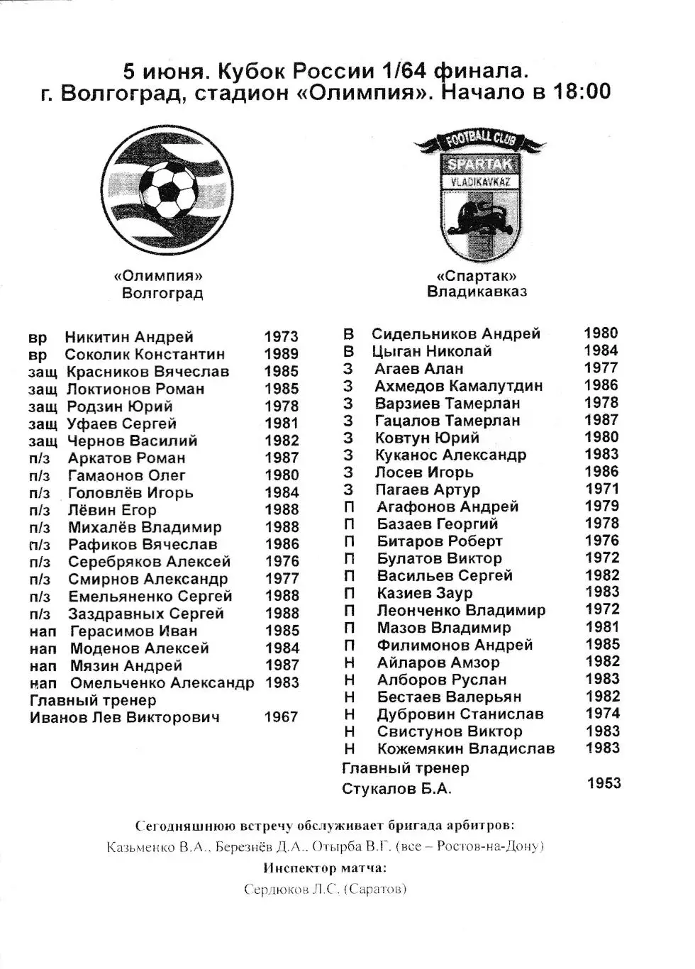 Олимпия (Волгоград) - Спартак (Владикавказ) 05.06.2006 Куб.России 1/64