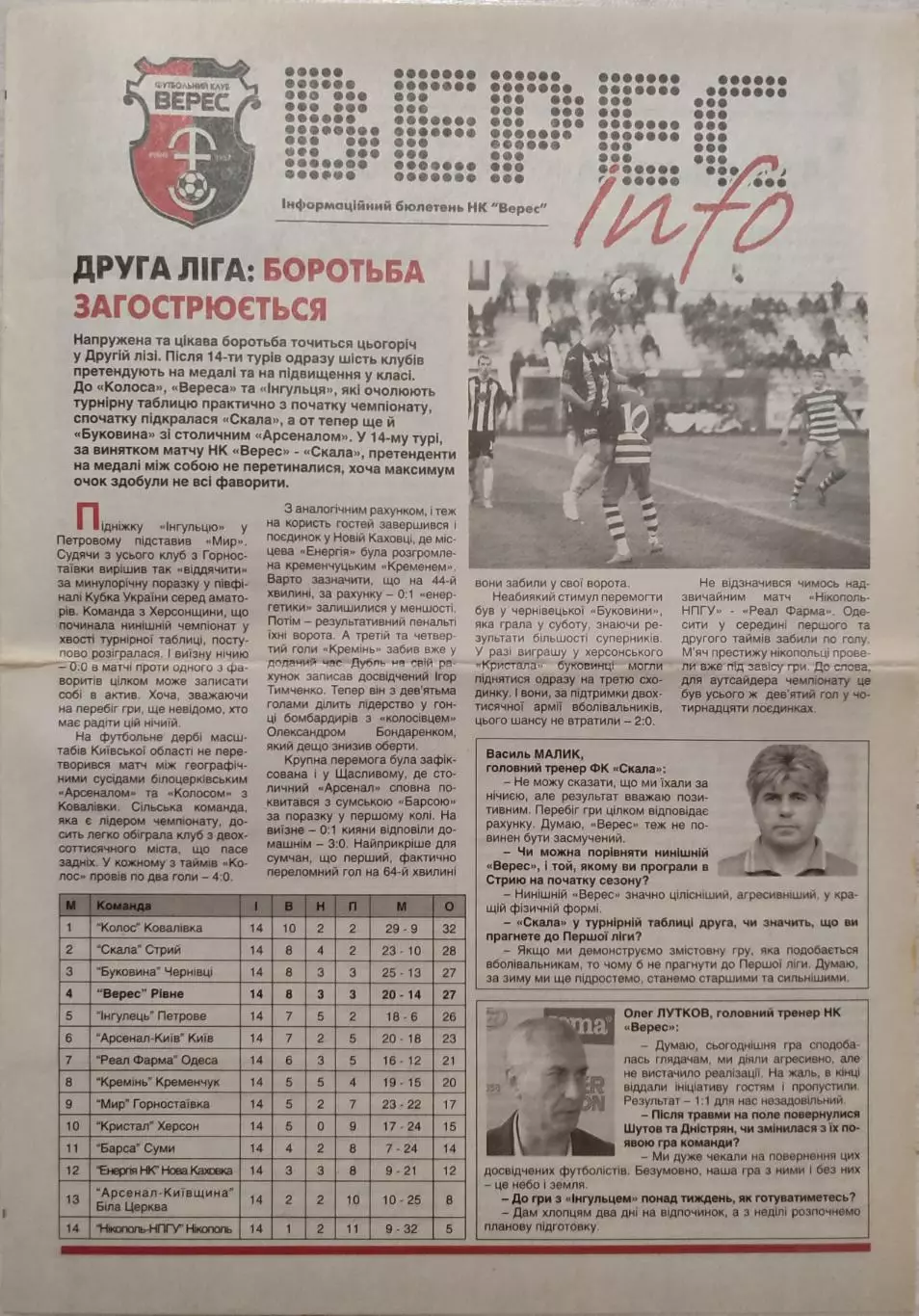 Газета Верес-Інфо до матчу Верес Рівне - Інгулець Петрове 31.10.2015