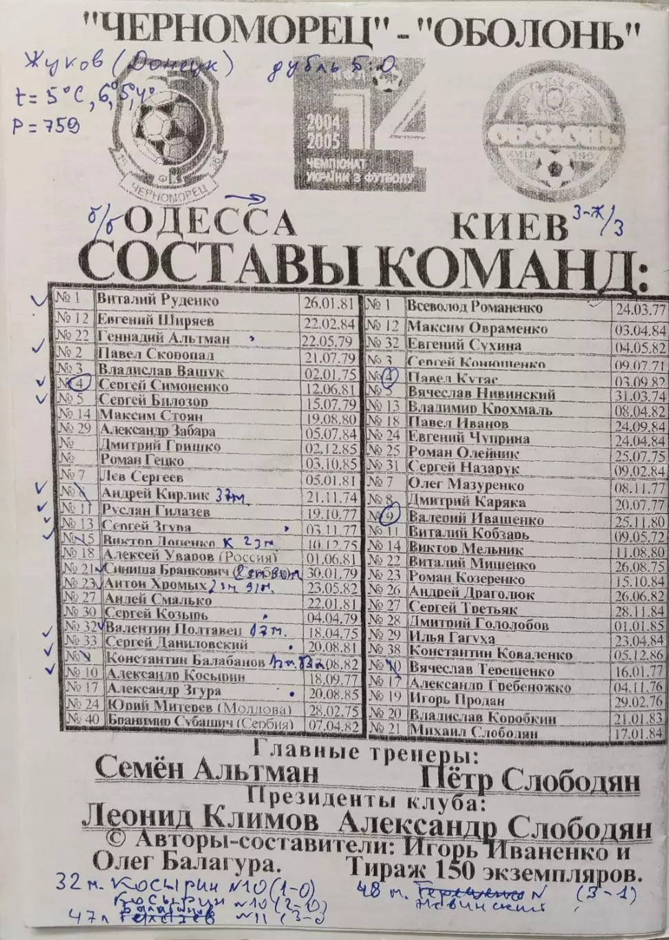Чорноморець Одеса - Оболонь Київ 2004/2005 28.11.2004 2