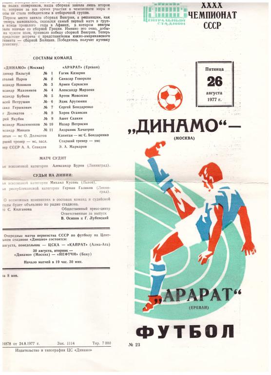 Динамо Москва - Арарат Ереван 1977