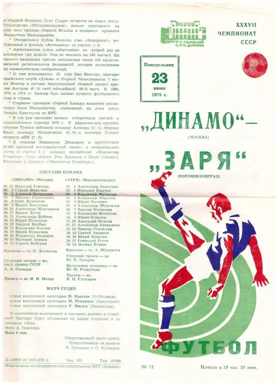 Динамо Москва - Заря Луганск 1975