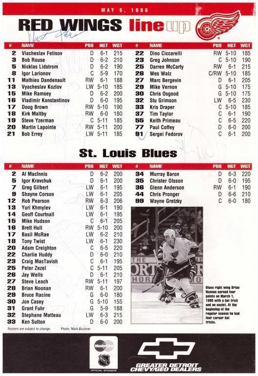 1996 Detroit Red Wings - St.Louis Blues (Детройт - Сент-Луис) Автографы игроков.