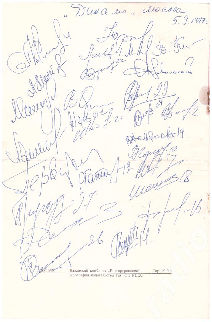 Автографы команды Динамо Москва (хоккей с шайбой). 1977 год.