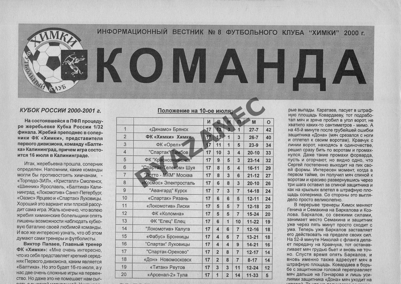 Команда. ФК Химки № 8 за 2000г: Новомосковск; Орехово-Зуево; Брянск; Мытищи