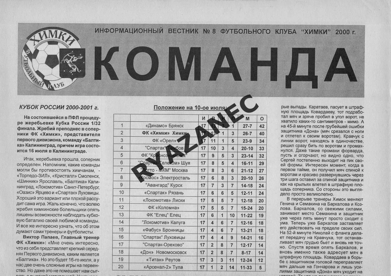 Команда. ФК Химки № 8 за 2000г: Новомосковск; Орехово-Зуево; Брянск; Мытищи