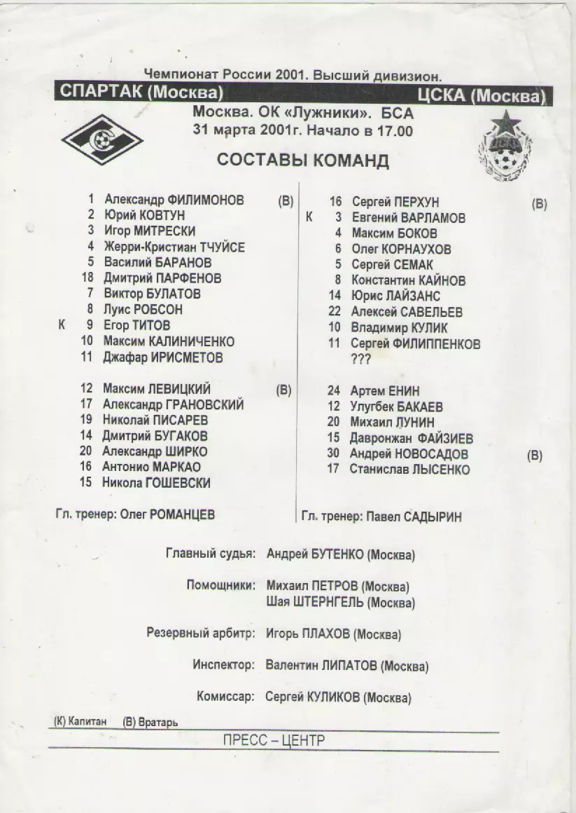 2001. Стартовый протокол. Спартак(Москва)- ЦСКА