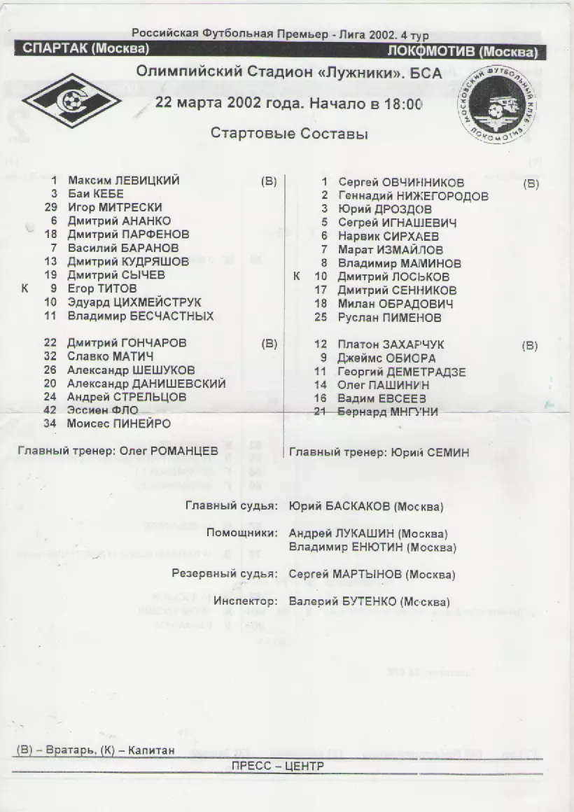 2002. Стартовый протокол. Спартак(Москва)-ФК Локомотив(Москва).