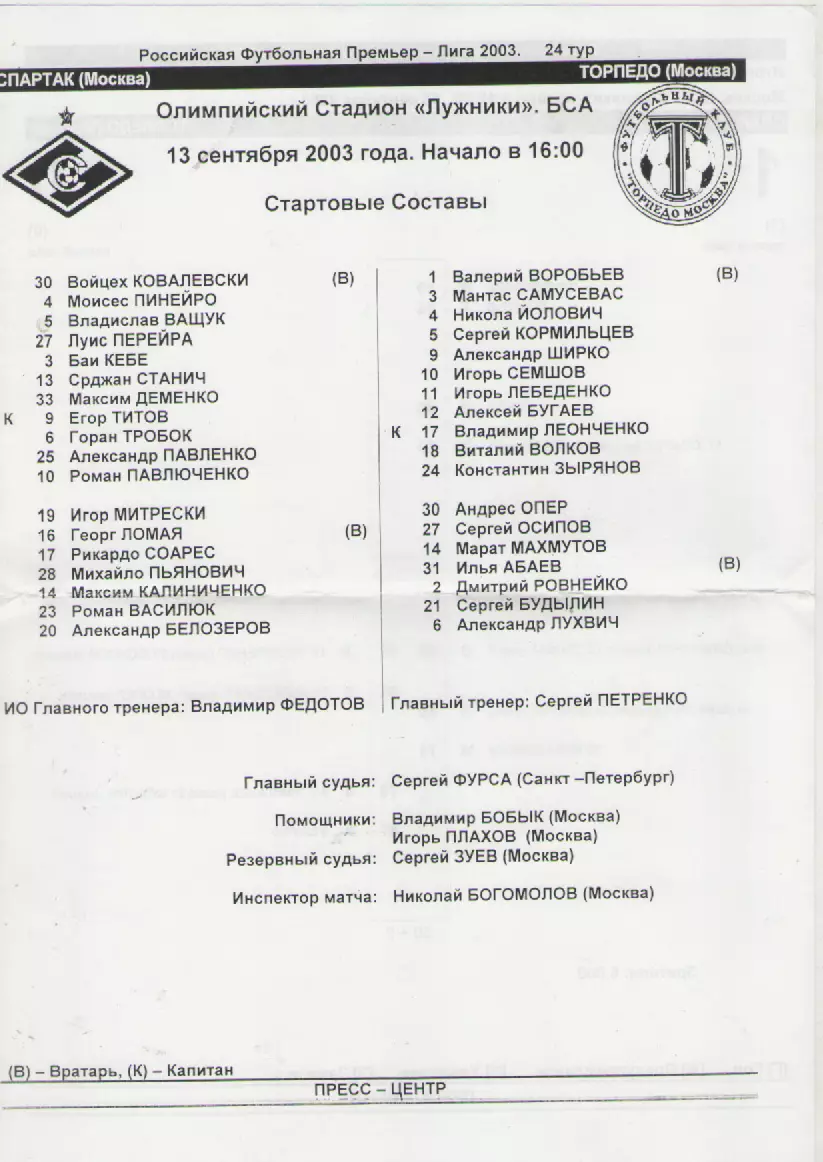 2003. Стартовый протокол. Спартак(Москва)- Торпедо(Москва).