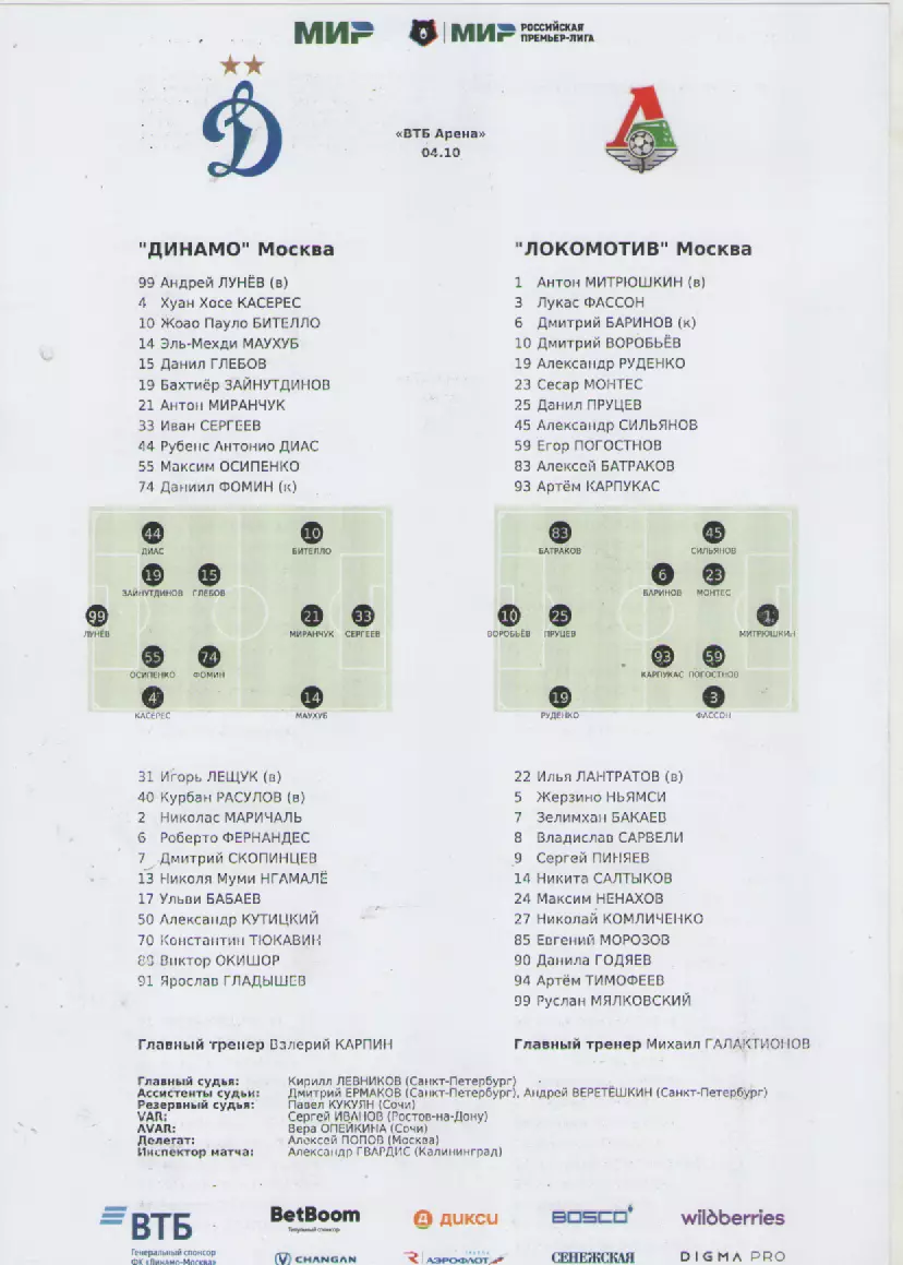 2025. Стартовый протокол. Динамо(Москва)-Локомотив(Москва).