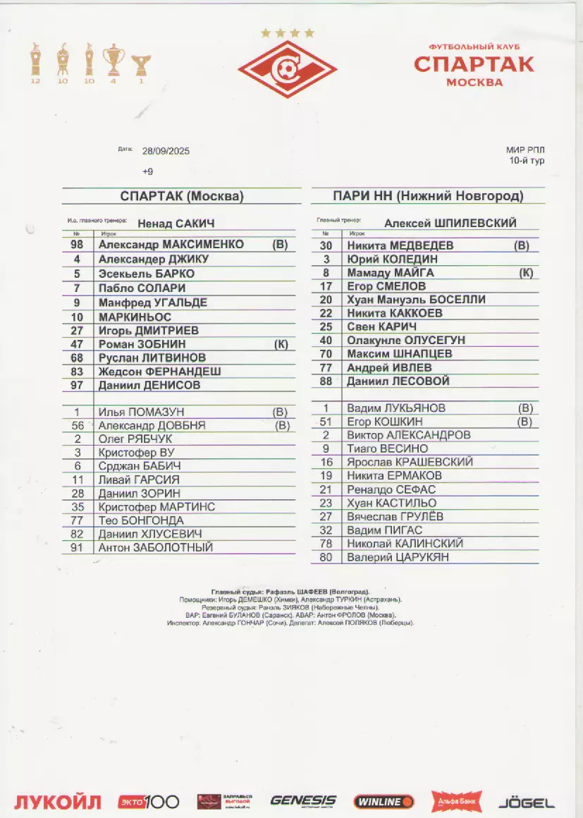 2025 Стартовый протокол. Спартак(Москва)- Пари НН (Нижний Новгород).