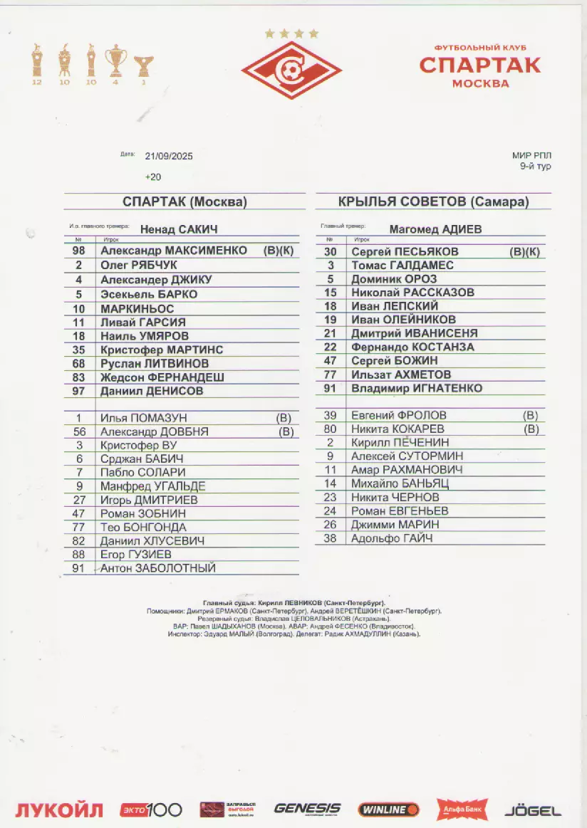 2025. Стартовый протокол. Спартак(Москва)- Крылья Советов( Самара).
