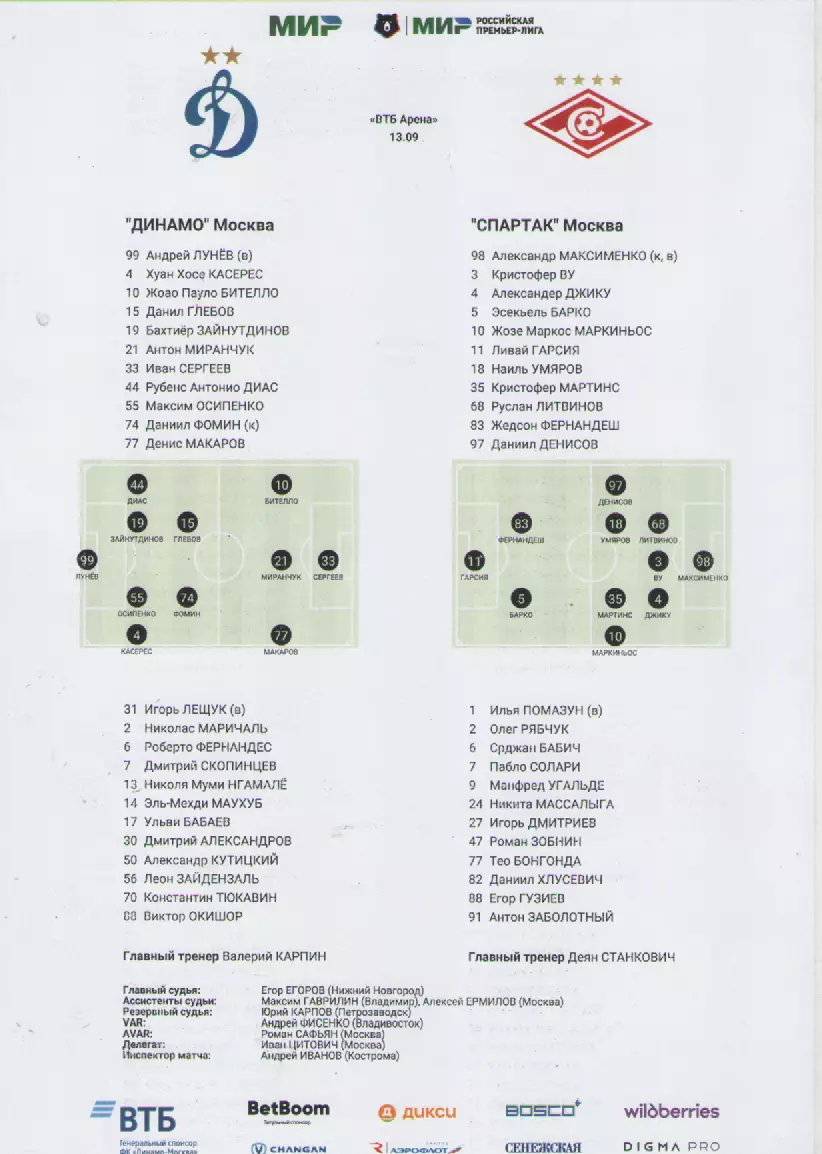 2025. Стартовый протокол. Динамо(Москва)- Спартак(Москва).