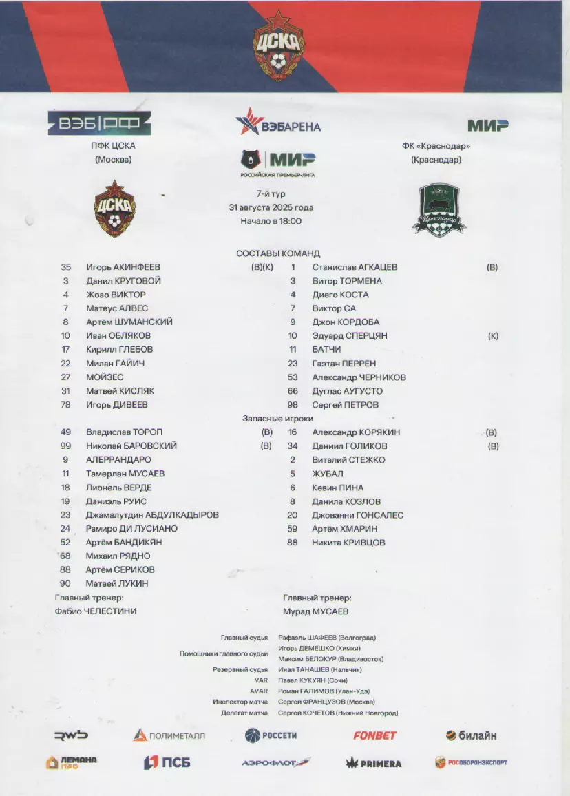 2025. Стартовый протокол. ЦСКА- ФК Краснодар(Краснодар).